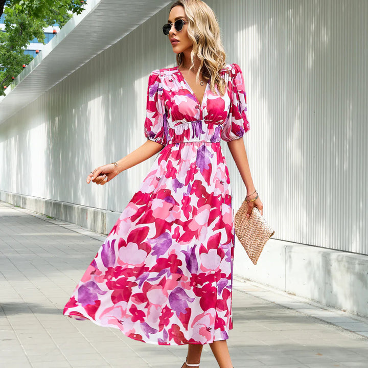 NOELLE - Classic Midi Dress with Puff Sleeves